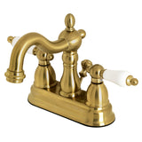 Heritage KB1607PL Two-Handle 3-Hole Deck Mount 4" Centerset Bathroom Faucet with Plastic Pop-Up, Brushed Brass