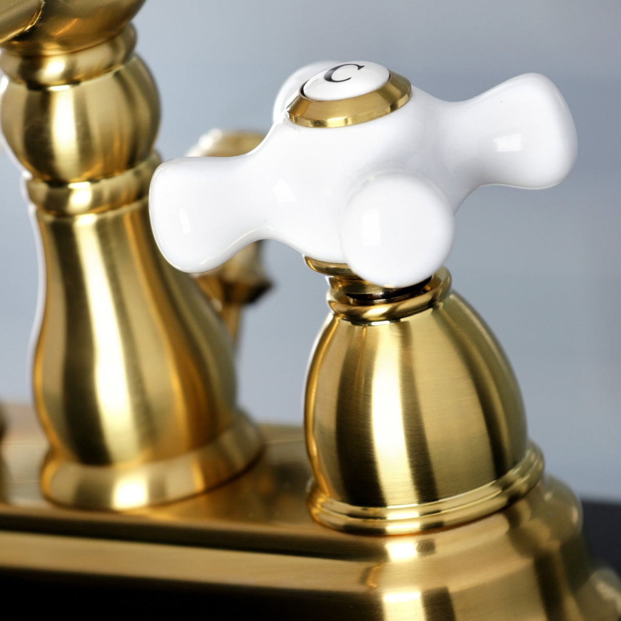 Heritage KB1607PX Two-Handle 3-Hole Deck Mount 4" Centerset Bathroom Faucet with Plastic Pop-Up, Brushed Brass