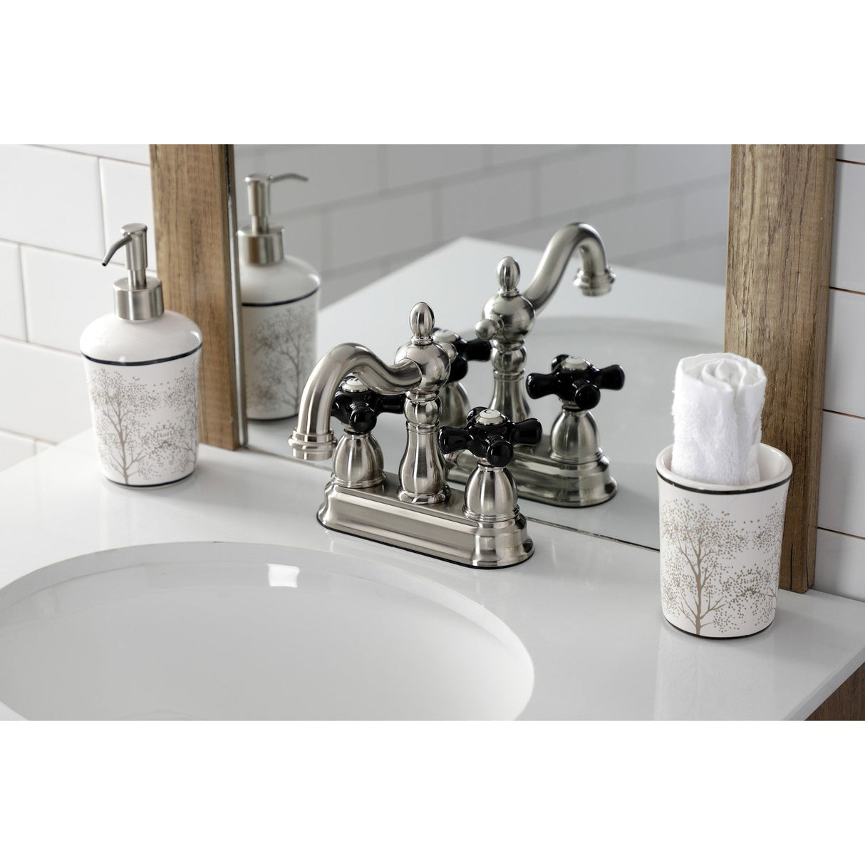 Duchess KB1608PKX Two-Handle 3-Hole Deck Mount 4" Centerset Bathroom Faucet with Plastic Pop-Up, Brushed Nickel