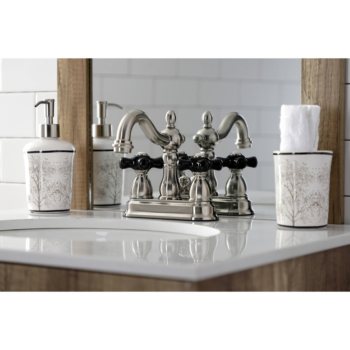 Duchess KB1608PKX Two-Handle 3-Hole Deck Mount 4" Centerset Bathroom Faucet with Plastic Pop-Up, Brushed Nickel