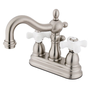 Heritage KB1608PX Two-Handle 3-Hole Deck Mount 4" Centerset Bathroom Faucet with Plastic Pop-Up, Brushed Nickel