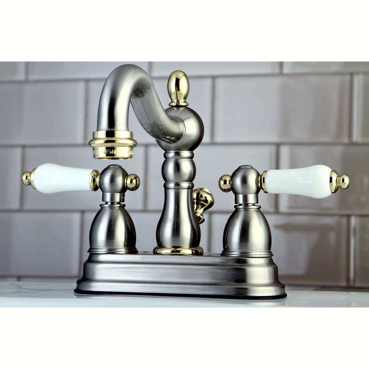 Heritage KB1609PL Two-Handle 3-Hole Deck Mount 4" Centerset Bathroom Faucet with Plastic Pop-Up, Brushed Nickel/Polished Brass