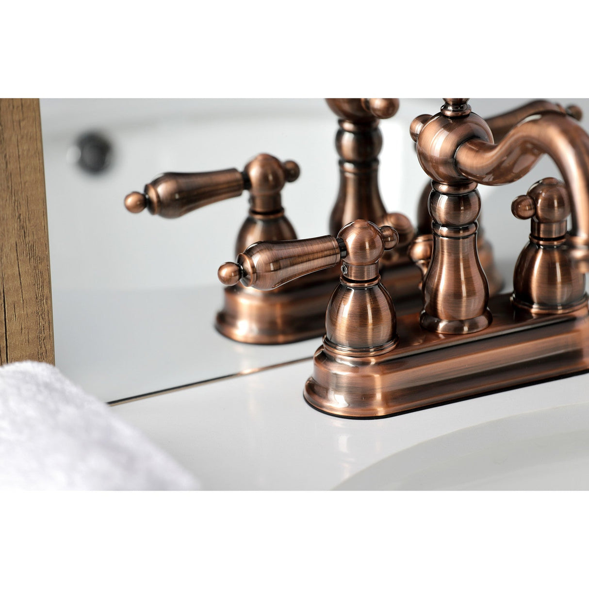 Heritage KB160ALAC Two-Handle 3-Hole Deck Mount 4" Centerset Bathroom Faucet with Plastic Pop-Up, Antique Copper