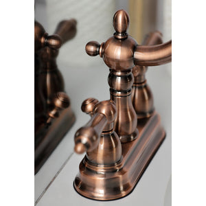 Heritage KB160ALAC Two-Handle 3-Hole Deck Mount 4" Centerset Bathroom Faucet with Plastic Pop-Up, Antique Copper