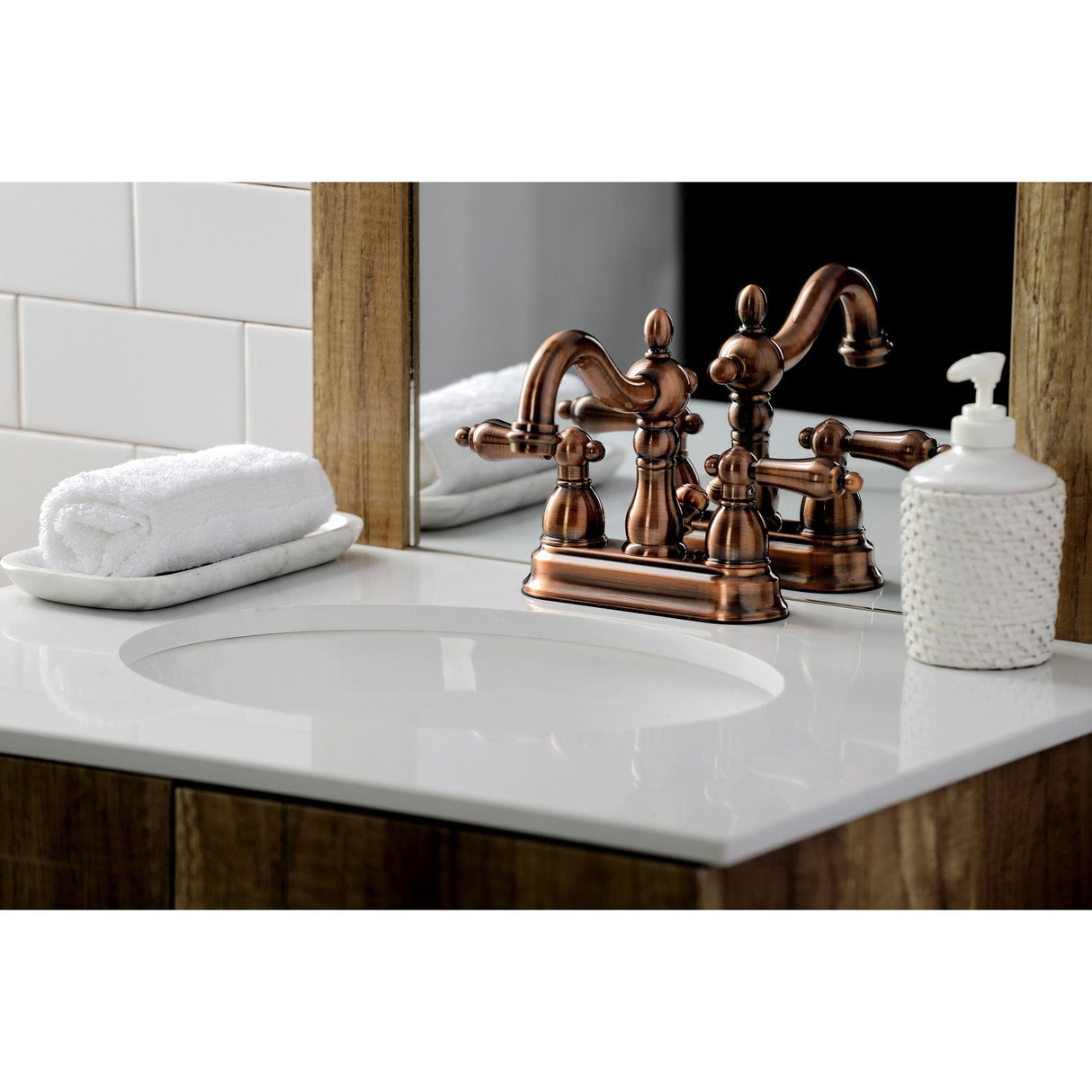 Heritage KB160ALAC Two-Handle 3-Hole Deck Mount 4" Centerset Bathroom Faucet with Plastic Pop-Up, Antique Copper