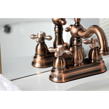 Heritage KB160AXAC Two-Handle 3-Hole Deck Mount 4" Centerset Bathroom Faucet with Plastic Pop-Up, Antique Copper