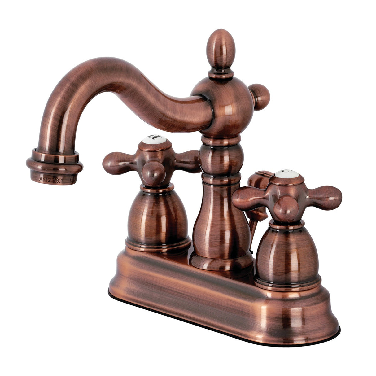 Heritage KB160AXAC Two-Handle 3-Hole Deck Mount 4" Centerset Bathroom Faucet with Plastic Pop-Up, Antique Copper