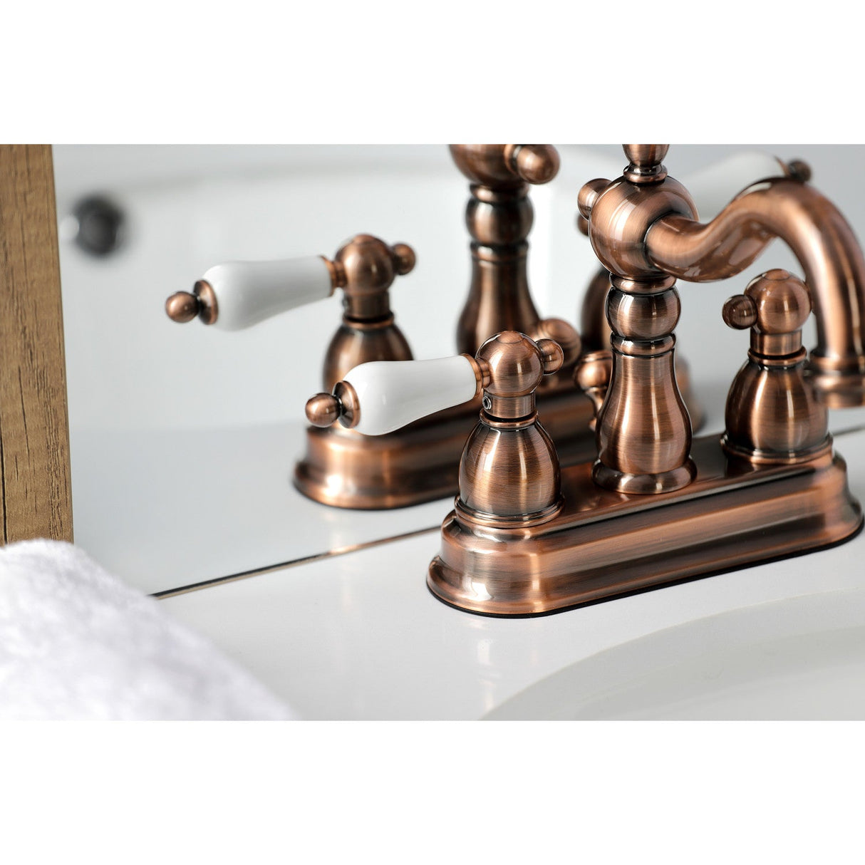 Heritage KB160PLAC Two-Handle 3-Hole Deck Mount 4" Centerset Bathroom Faucet with Plastic Pop-Up, Antique Copper