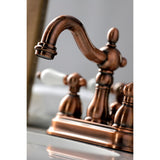 Heritage KB160PLAC Two-Handle 3-Hole Deck Mount 4" Centerset Bathroom Faucet with Plastic Pop-Up, Antique Copper