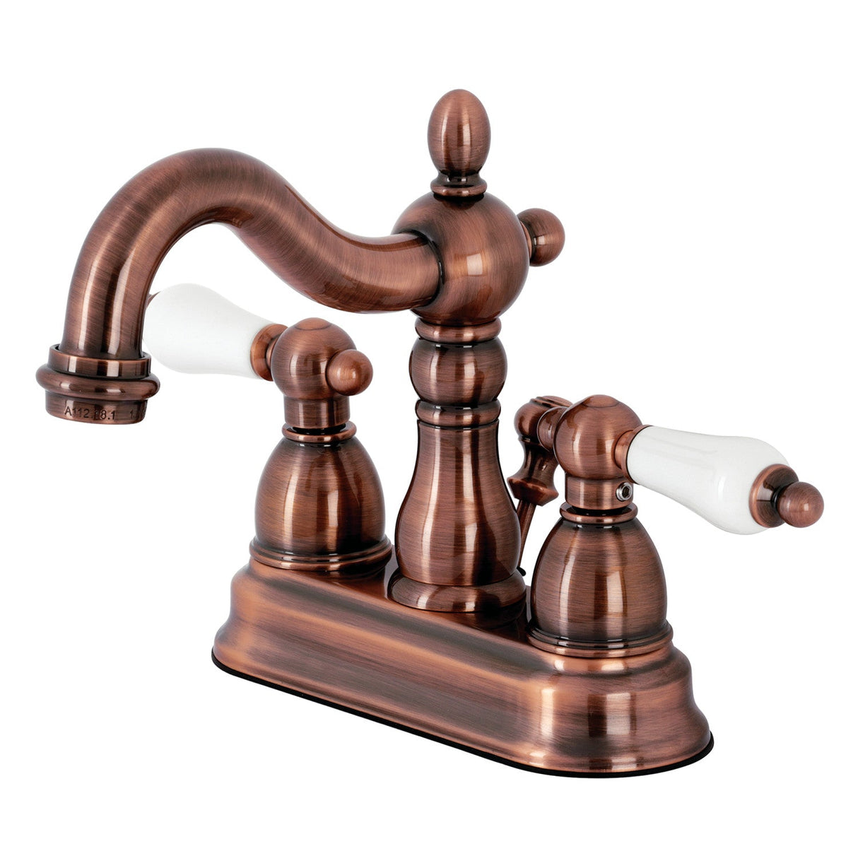 Heritage KB160PLAC Two-Handle 3-Hole Deck Mount 4" Centerset Bathroom Faucet with Plastic Pop-Up, Antique Copper