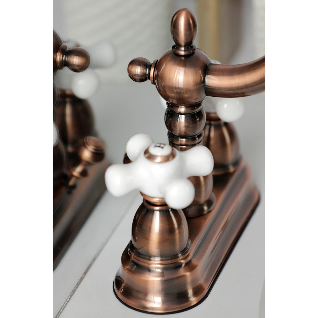 Heritage KB160PXAC Two-Handle 3-Hole Deck Mount 4" Centerset Bathroom Faucet with Plastic Pop-Up, Antique Copper