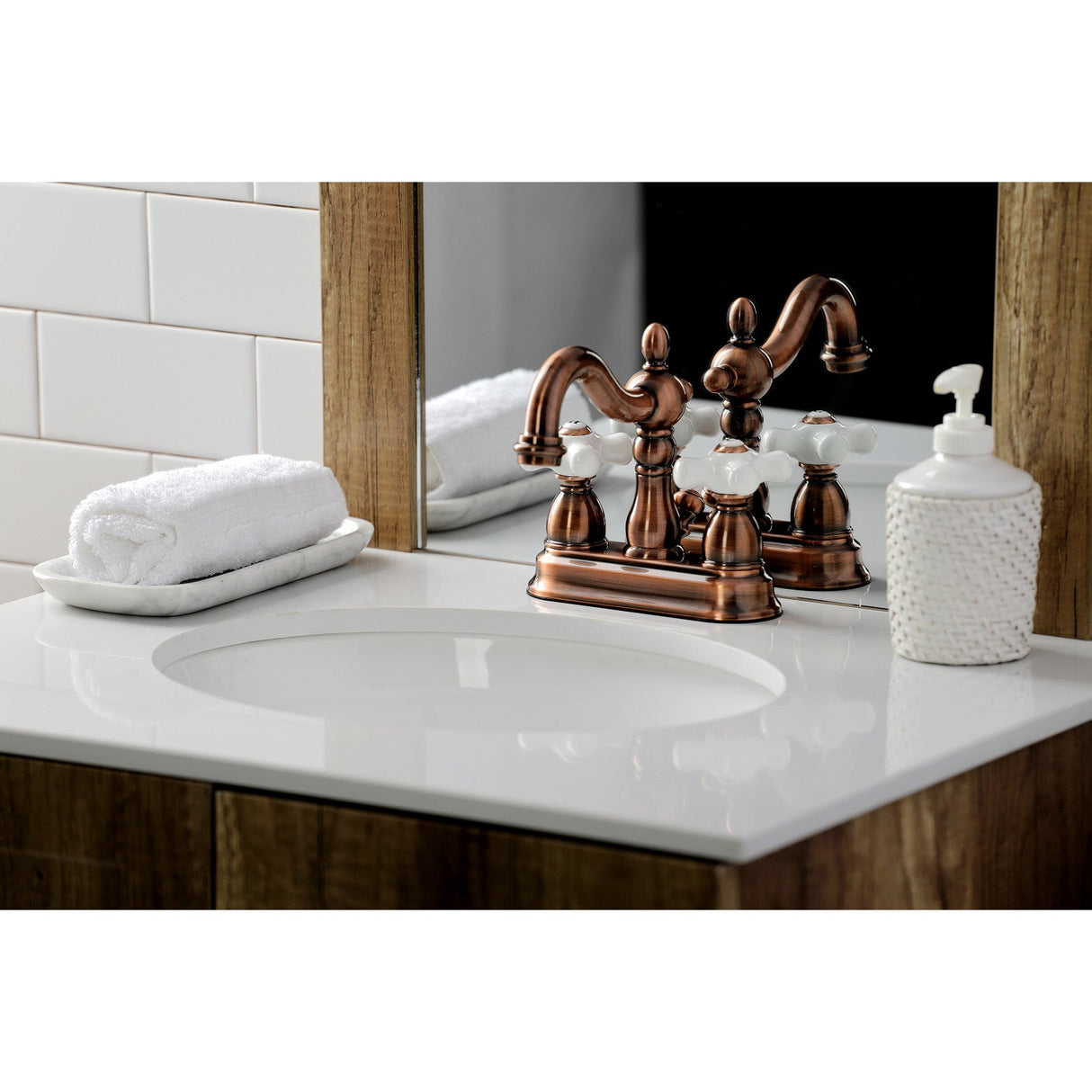 Heritage KB160PXAC Two-Handle 3-Hole Deck Mount 4" Centerset Bathroom Faucet with Plastic Pop-Up, Antique Copper