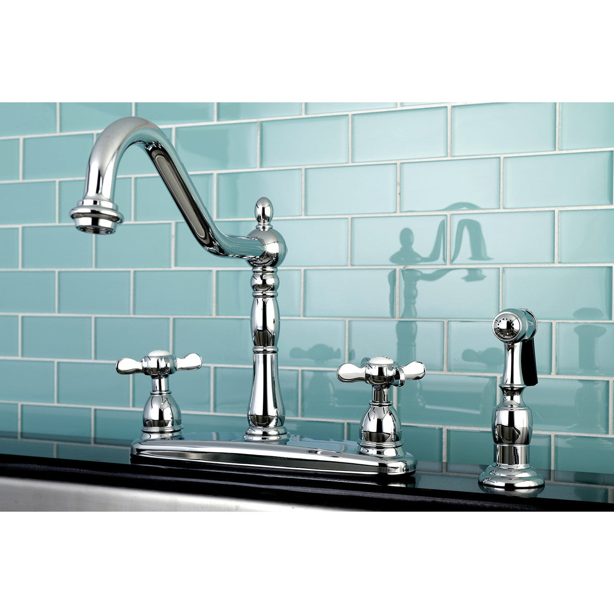 Essex KB1751BEXBS Two-Handle 4-Hole Deck Mount 8" Centerset Kitchen Faucet with Side Sprayer, Polished Chrome