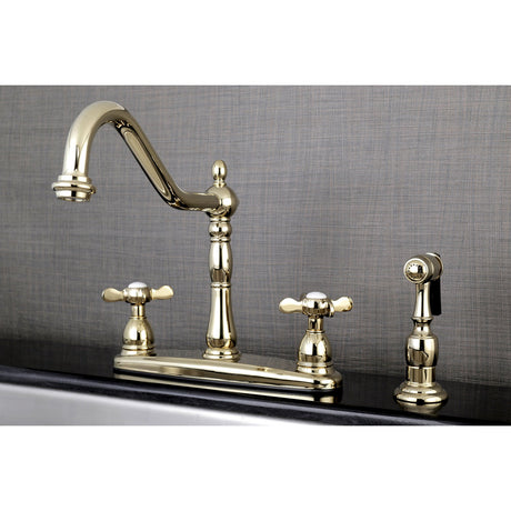 Essex KB1752BEXBS Two-Handle 4-Hole Deck Mount 8" Centerset Kitchen Faucet with Side Sprayer, Polished Brass