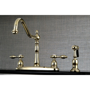 Tudor KB1752TALBS Two-Handle 4-Hole Deck Mount 8" Centerset Kitchen Faucet with Side Sprayer, Polished Brass