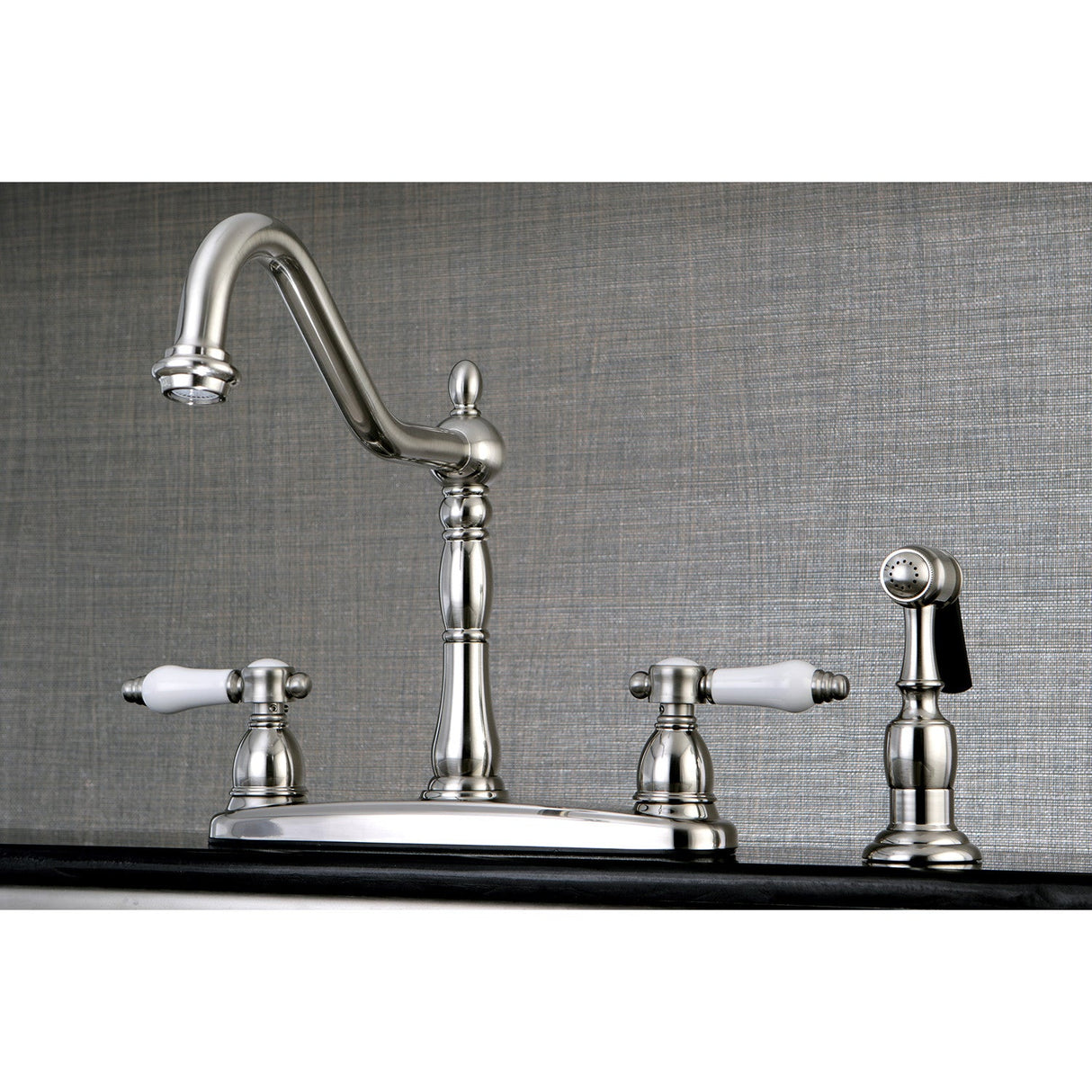 Bel-Air KB1758BPLBS Two-Handle 4-Hole Deck Mount 8" Centerset Kitchen Faucet with Side Sprayer, Brushed Nickel