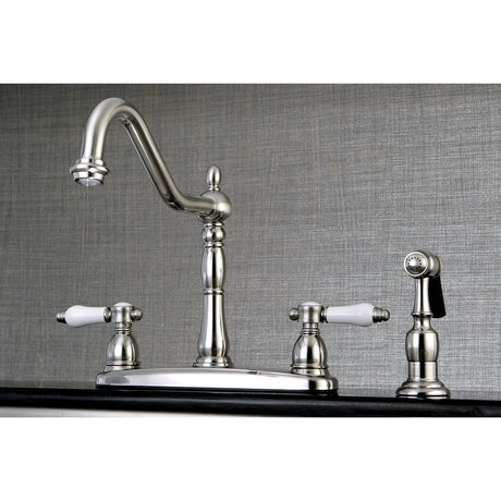 Bel-Air KB1758BPLBS Two-Handle 4-Hole Deck Mount 8" Centerset Kitchen Faucet with Side Sprayer, Brushed Nickel