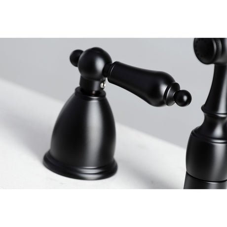 Heritage KB1790ALBS Two-Handle 4-Hole Deck Mount Widespread Kitchen Faucet with Brass Sprayer, Matte Black