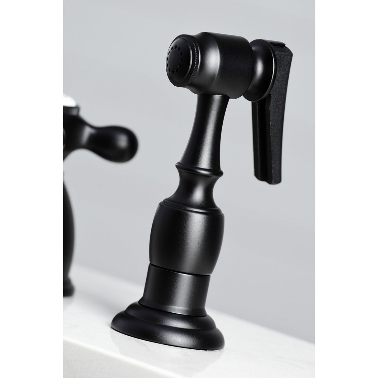 Heritage KB1790AXBS Two-Handle 4-Hole Deck Mount Widespread Kitchen Faucet with Brass Sprayer, Matte Black
