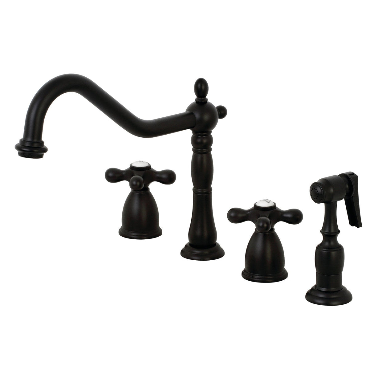Heritage KB1790AXBS Two-Handle 4-Hole Deck Mount Widespread Kitchen Faucet with Brass Sprayer, Matte Black
