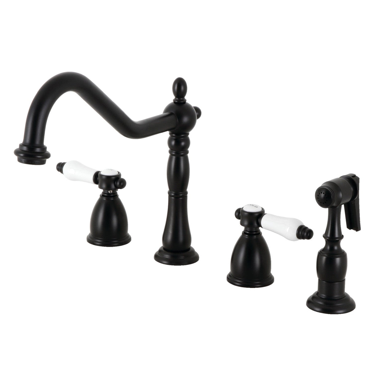 Bel-Air KB1790BPLBS Two-Handle 4-Hole Deck Mount Widespread Kitchen Faucet with Brass Sprayer, Matte Black
