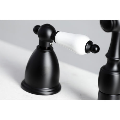 Heritage KB1790PLBS Two-Handle 4-Hole Deck Mount Widespread Kitchen Faucet with Brass Sprayer, Matte Black