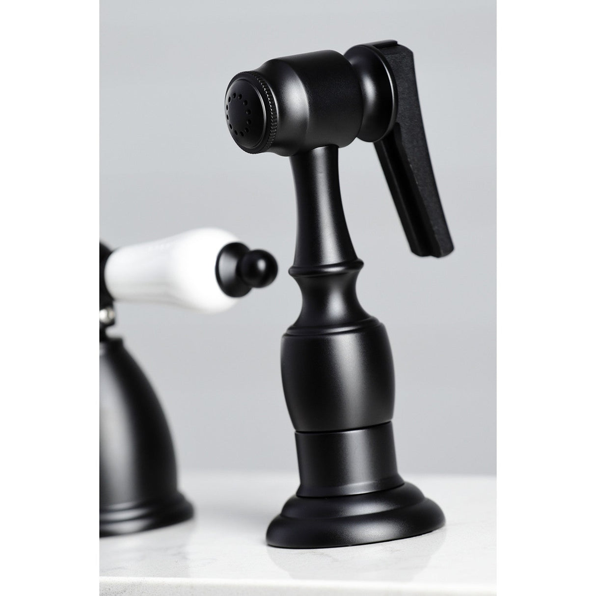 Heritage KB1790PLBS Two-Handle 4-Hole Deck Mount Widespread Kitchen Faucet with Brass Sprayer, Matte Black