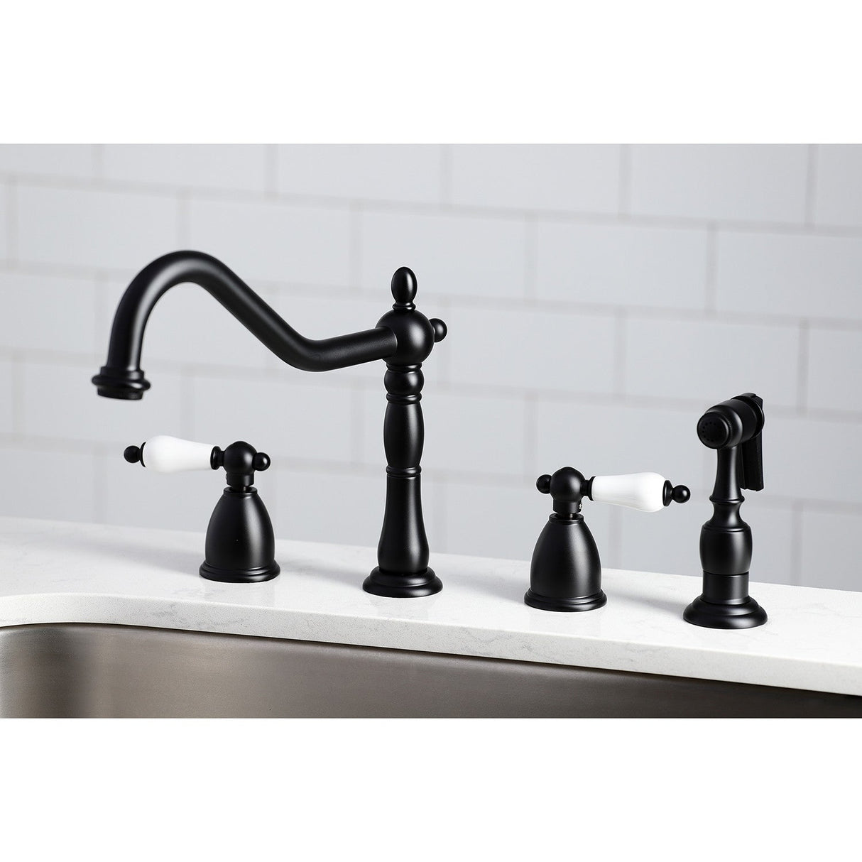 Heritage KB1790PLBS Two-Handle 4-Hole Deck Mount Widespread Kitchen Faucet with Brass Sprayer, Matte Black