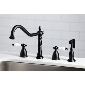 Heritage KB1790PLBS Two-Handle 4-Hole Deck Mount Widespread Kitchen Faucet with Brass Sprayer, Matte Black