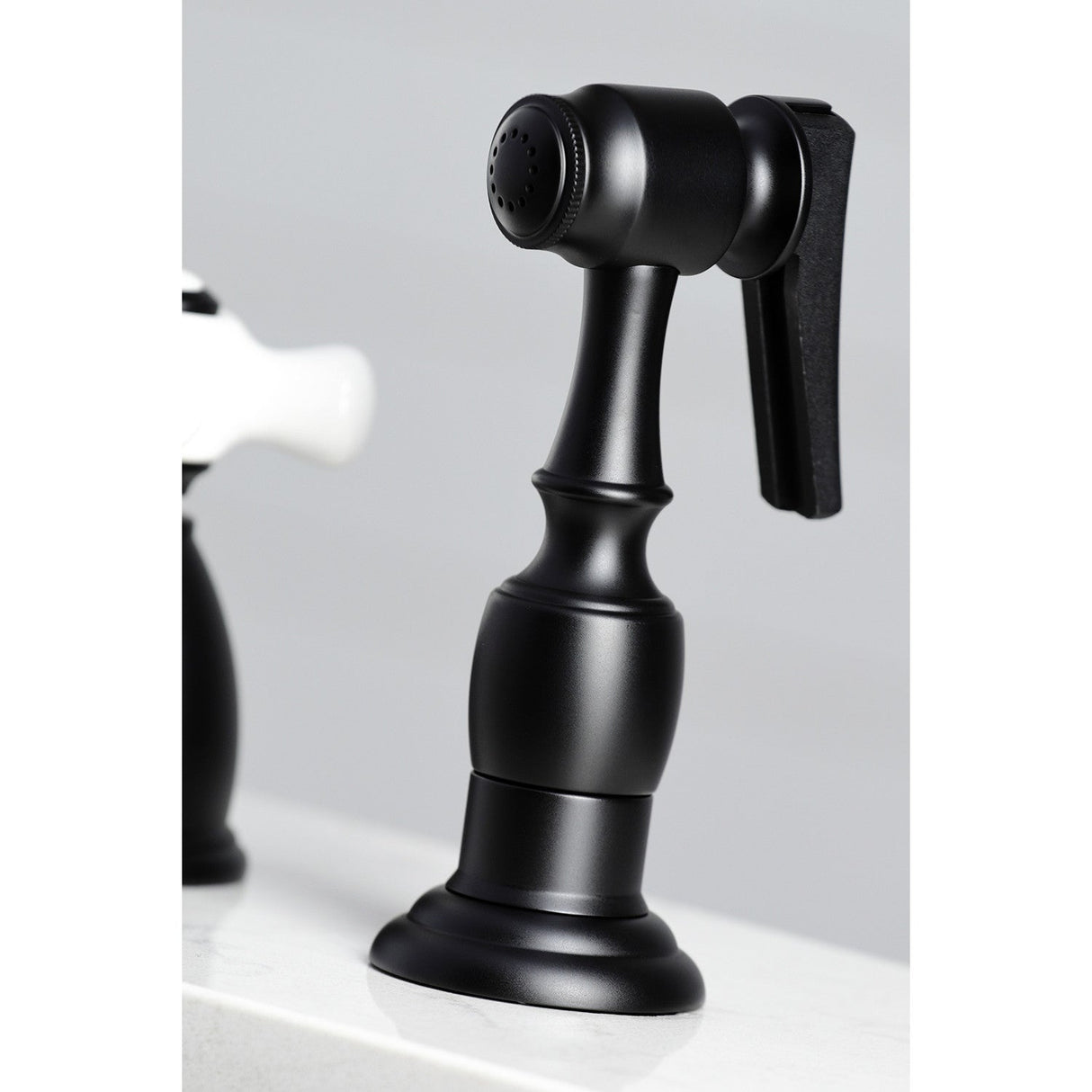 Heritage KB1790PXBS Two-Handle 4-Hole Deck Mount Widespread Kitchen Faucet with Brass Sprayer, Matte Black