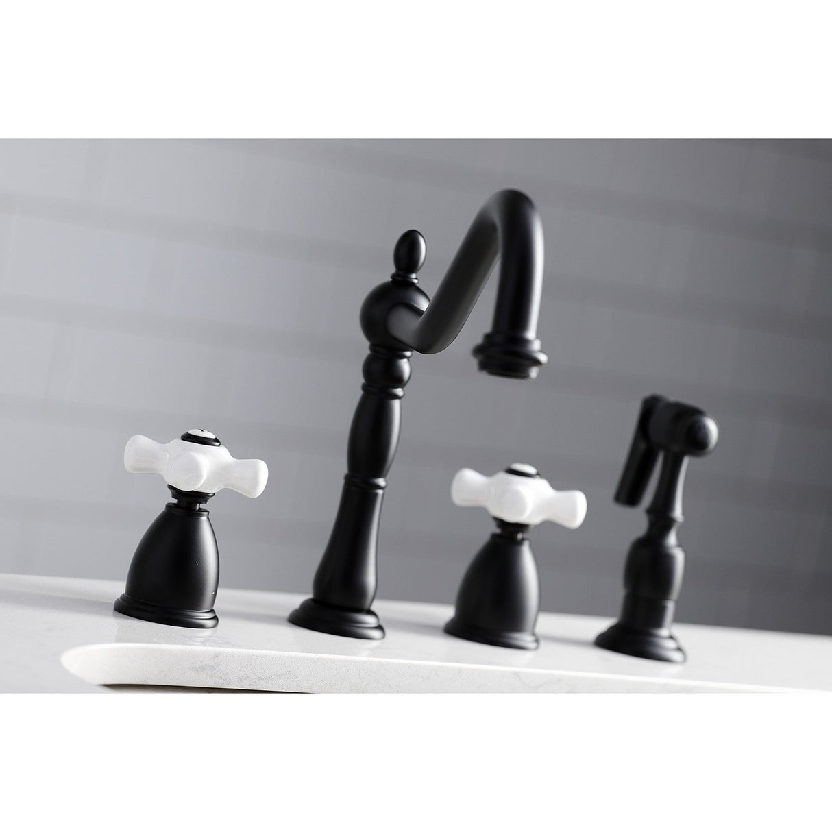 Heritage KB1790PXBS Two-Handle 4-Hole Deck Mount Widespread Kitchen Faucet with Brass Sprayer, Matte Black