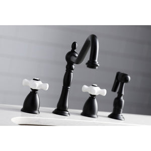Heritage KB1790PXBS Two-Handle 4-Hole Deck Mount Widespread Kitchen Faucet with Brass Sprayer, Matte Black