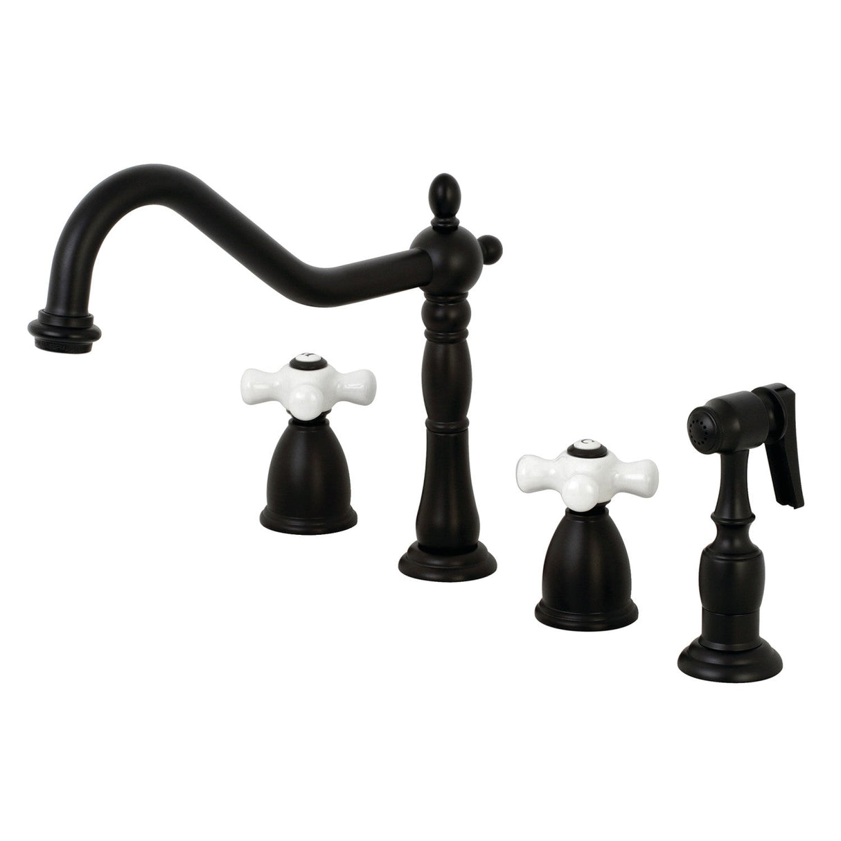 Heritage KB1790PXBS Two-Handle 4-Hole Deck Mount Widespread Kitchen Faucet with Brass Sprayer, Matte Black