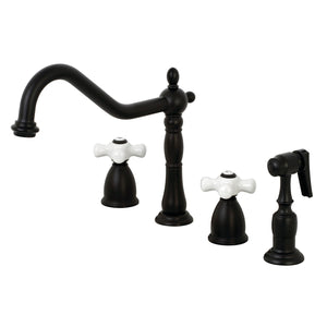 Heritage KB1790PXBS Two-Handle 4-Hole Deck Mount Widespread Kitchen Faucet with Brass Sprayer, Matte Black