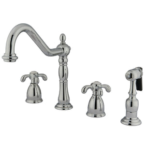 French Country KB1791TXBS Two-Handle 4-Hole Deck Mount Widespread Kitchen Faucet with Brass Sprayer, Polished Chrome