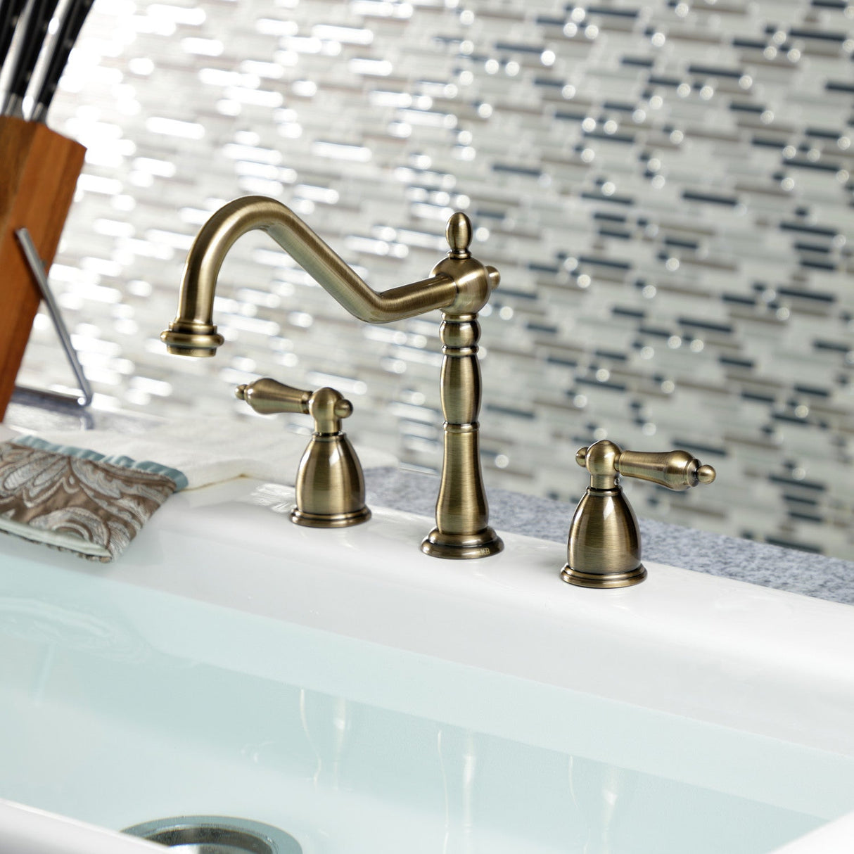 Heritage KB1793ALLS Two-Handle 3-Hole Deck Mount Widespread Kitchen Faucet, Antique Brass