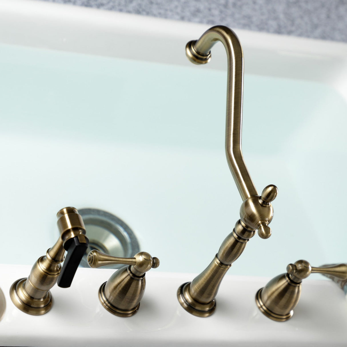 Heritage KB1793BLBS Two-Handle 4-Hole Deck Mount Widespread Kitchen Faucet with Brass Sprayer, Antique Brass