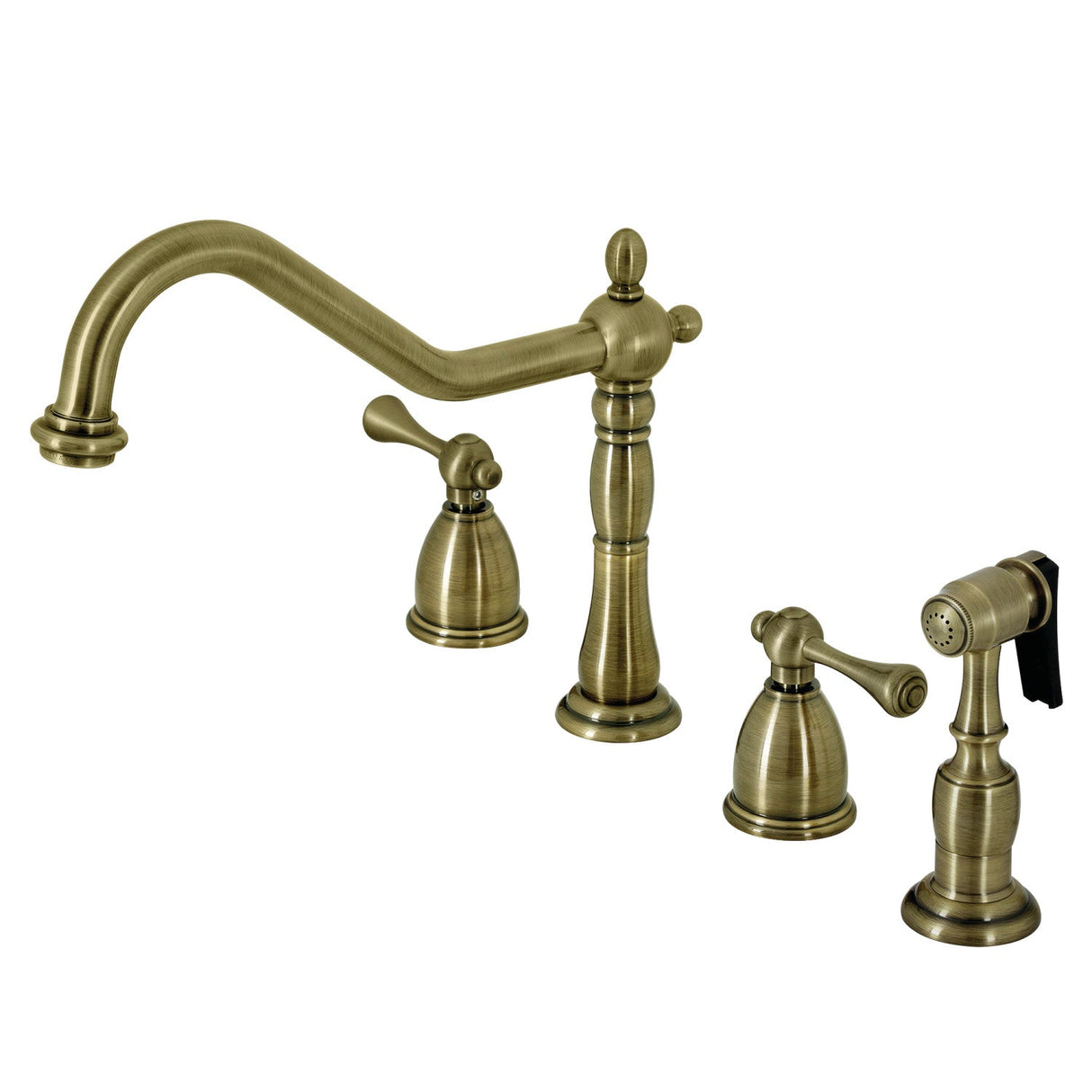 Heritage KB1793BLBS Two-Handle 4-Hole Deck Mount Widespread Kitchen Faucet with Brass Sprayer, Antique Brass