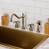 French Country KB1793TXBS Two-Handle 4-Hole Deck Mount Widespread Kitchen Faucet with Brass Sprayer, Antique Brass