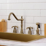 French Country KB1793TXBS Two-Handle 4-Hole Deck Mount Widespread Kitchen Faucet with Brass Sprayer, Antique Brass