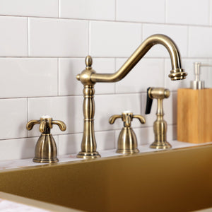 French Country KB1793TXBS Two-Handle 4-Hole Deck Mount Widespread Kitchen Faucet with Brass Sprayer, Antique Brass