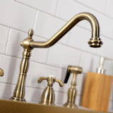 French Country KB1793TXBS Two-Handle 4-Hole Deck Mount Widespread Kitchen Faucet with Brass Sprayer, Antique Brass