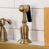 French Country KB1793TXBS Two-Handle 4-Hole Deck Mount Widespread Kitchen Faucet with Brass Sprayer, Antique Brass