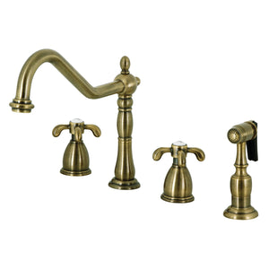 French Country KB1793TXBS Two-Handle 4-Hole Deck Mount Widespread Kitchen Faucet with Brass Sprayer, Antique Brass