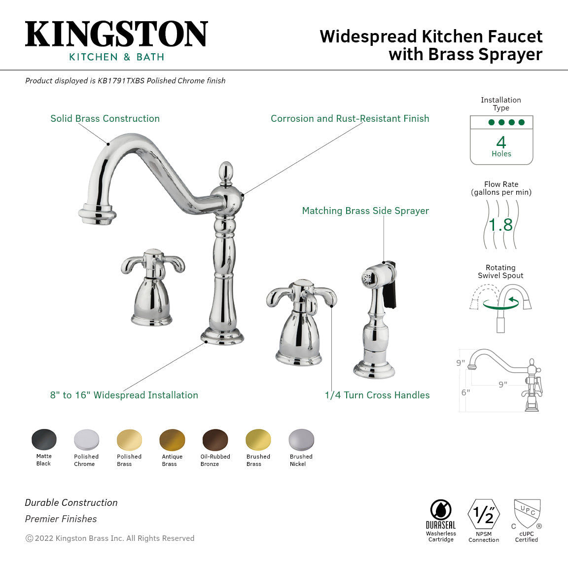 French Country KB1795TXBS Two-Handle 4-Hole Deck Mount Widespread Kitchen Faucet with Brass Sprayer, Oil Rubbed Bronze