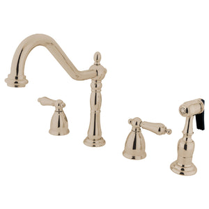 Heritage KB1796ALBS Two-Handle 4-Hole Deck Mount Widespread Kitchen Faucet with Brass Sprayer, Polished Nickel