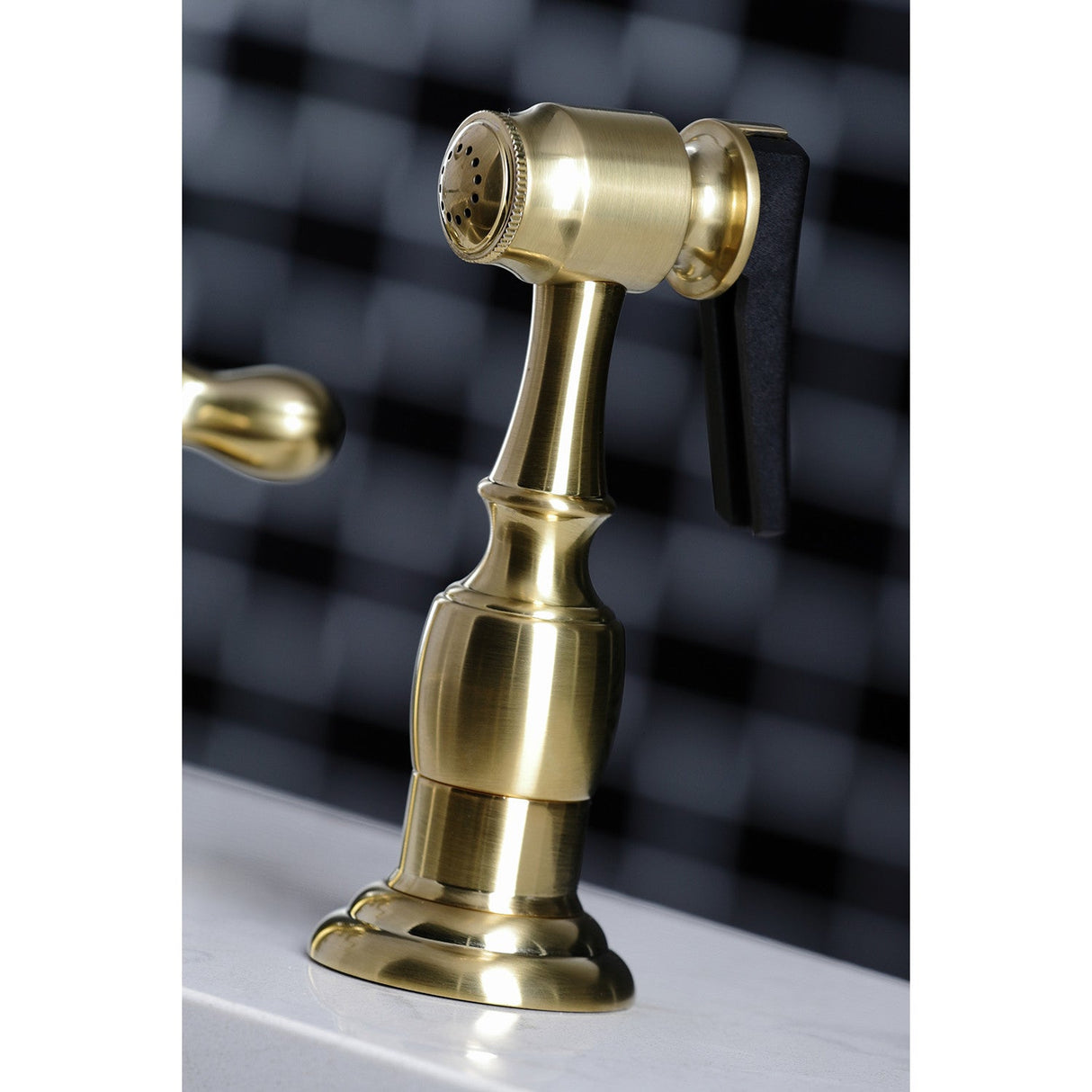 Heritage KB1797AXBS Two-Handle 4-Hole Deck Mount Widespread Kitchen Faucet with Brass Sprayer, Brushed Brass