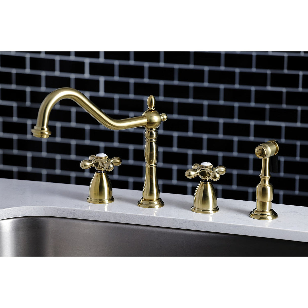 Heritage KB1797AXBS Two-Handle 4-Hole Deck Mount Widespread Kitchen Faucet with Brass Sprayer, Brushed Brass