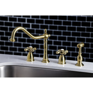 Heritage KB1797AXBS Two-Handle 4-Hole Deck Mount Widespread Kitchen Faucet with Brass Sprayer, Brushed Brass