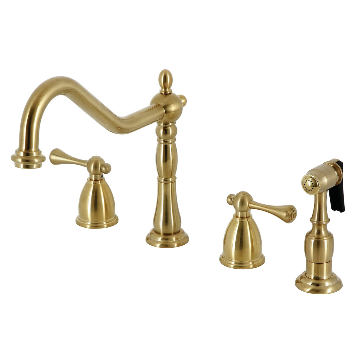 Heritage KB1797BLBS Two-Handle 4-Hole Deck Mount Widespread Kitchen Faucet with Brass Sprayer, Brushed Brass